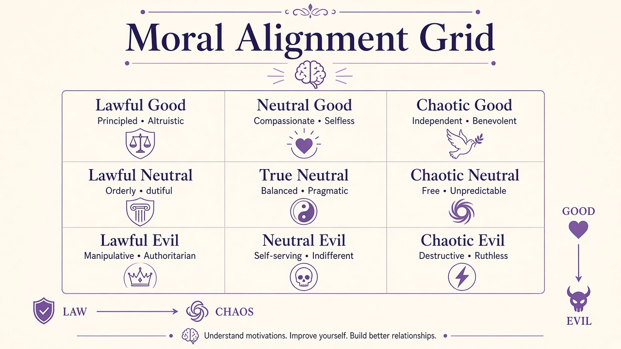 Dungeons and Dragons nine-alignment moral grid with law chaos and good evil axes on The Quiz Hub