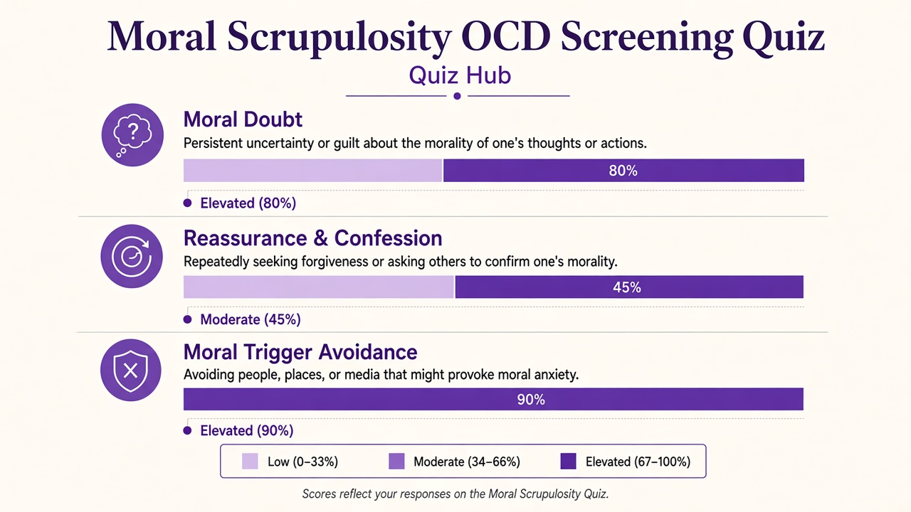 Moral scrupulosity OCD screening diagram with moral doubt, reassurance, and avoidance domain bars on The Quiz Hub