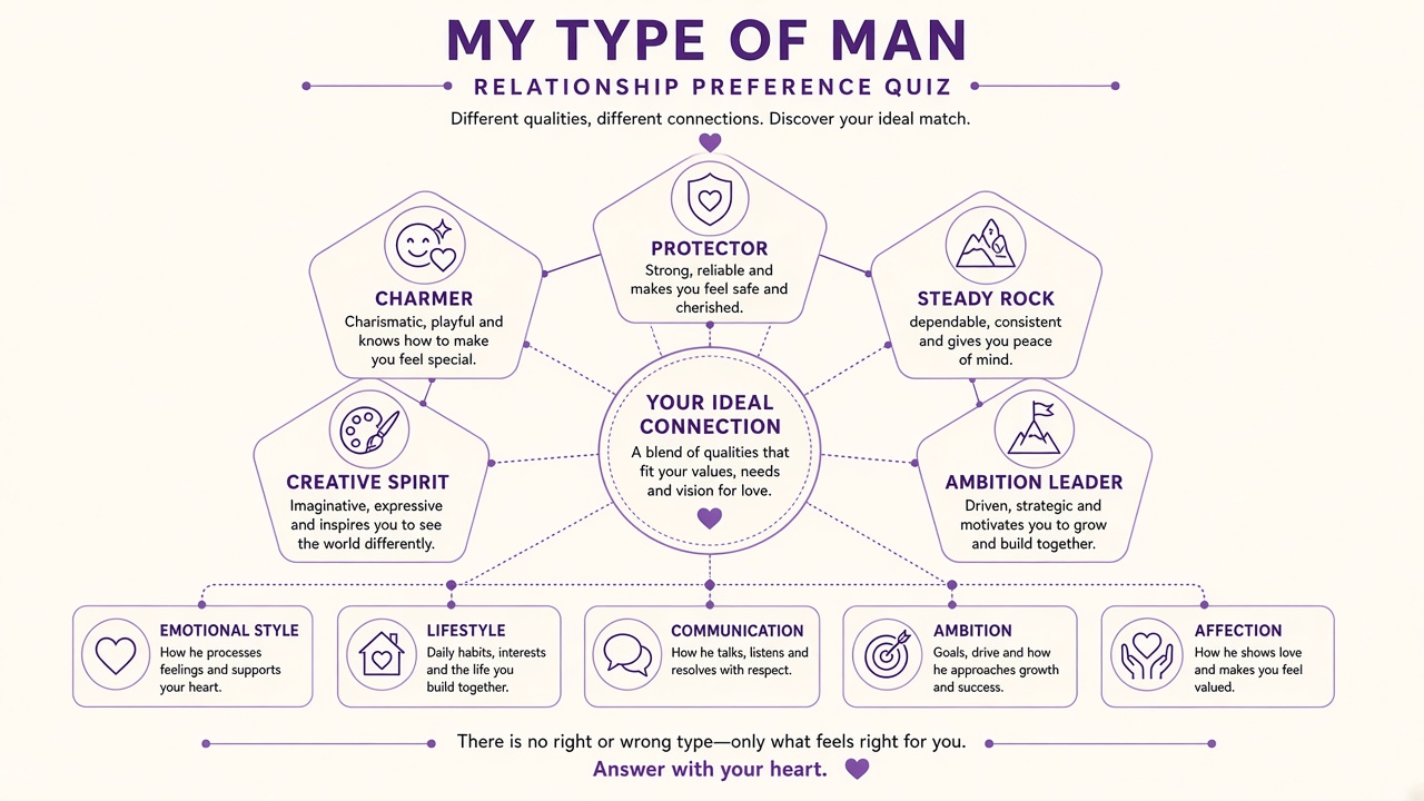 Five partner type profiles for my type of man quiz with emotional style and lifestyle preference domains