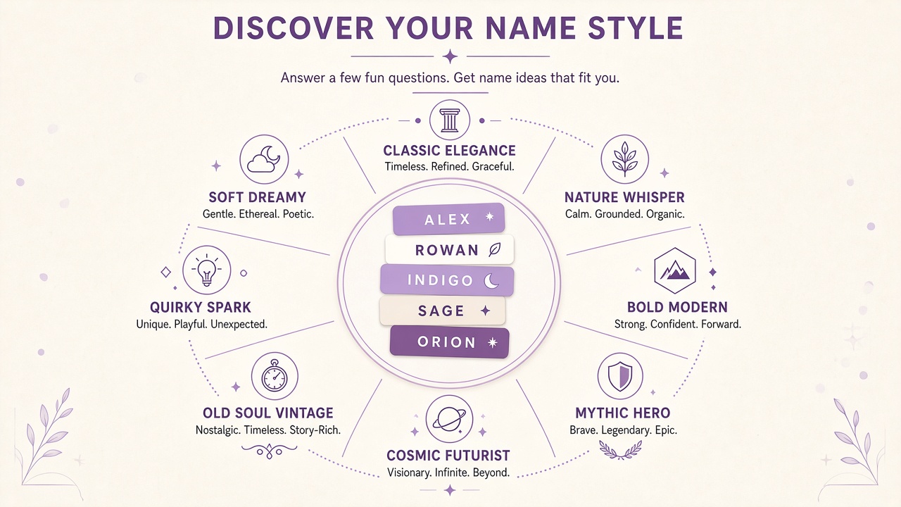 Name generator quiz diagram with classic elegance, nature whisper, bold modern, mythic hero, and cosmic futurist style labels