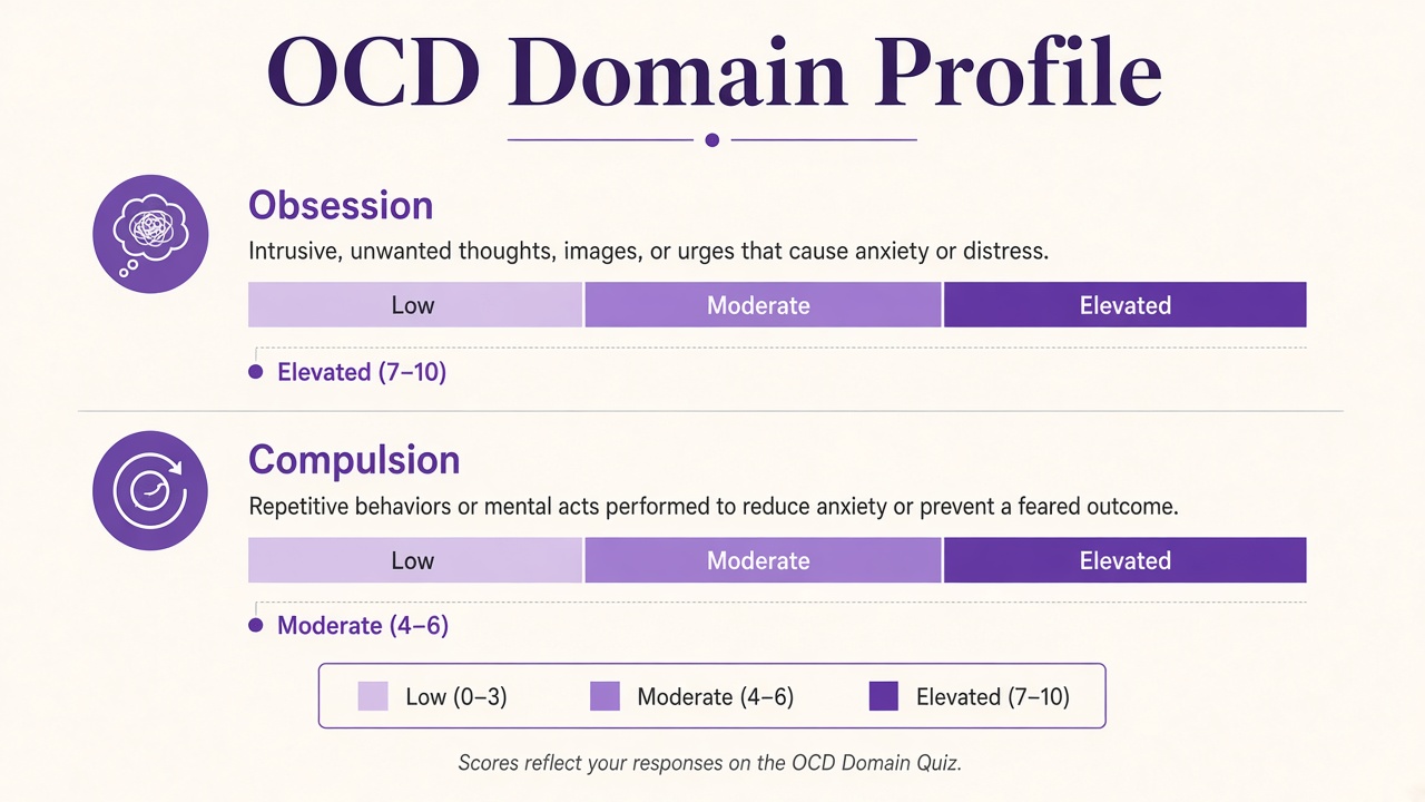 OCD screening diagram with obsession and compulsion domain bars for The Quiz Hub results