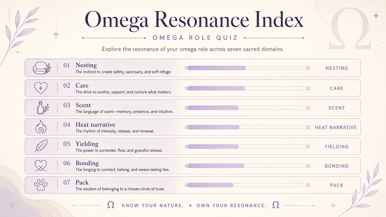 Omega test diagram with seven fictional domain bars and omega resonance bands on The Quiz Hub
