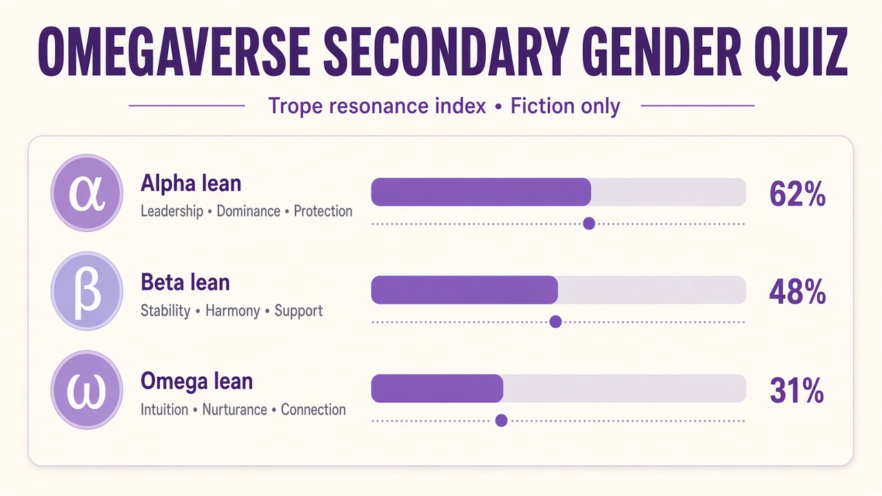 Omegaverse secondary gender quiz diagram with Alpha Beta Omega lean bars and trope resonance index
