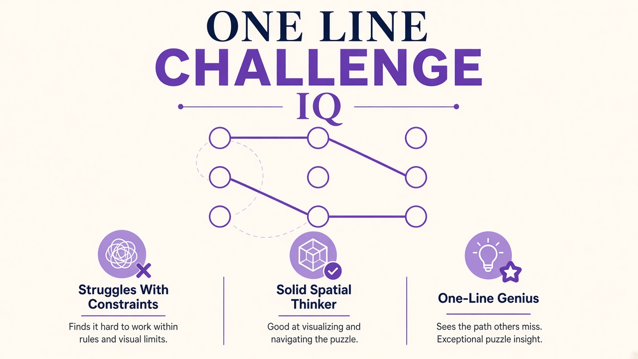 Single continuous purple line tracing a dot-grid path puzzle for the One Line Challenge IQ quiz on The Quiz Hub