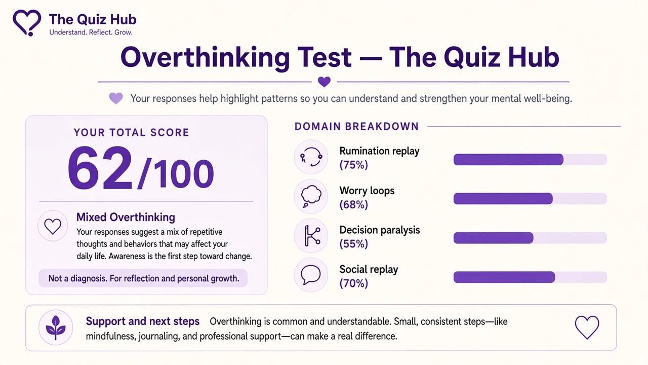 Overthinking test report with Mixed Overthinking band, rumination index 62, four domain bars on The Quiz Hub