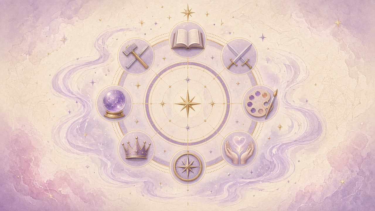 Past life archetype wheel with eight playful profiles in purple mystical tones