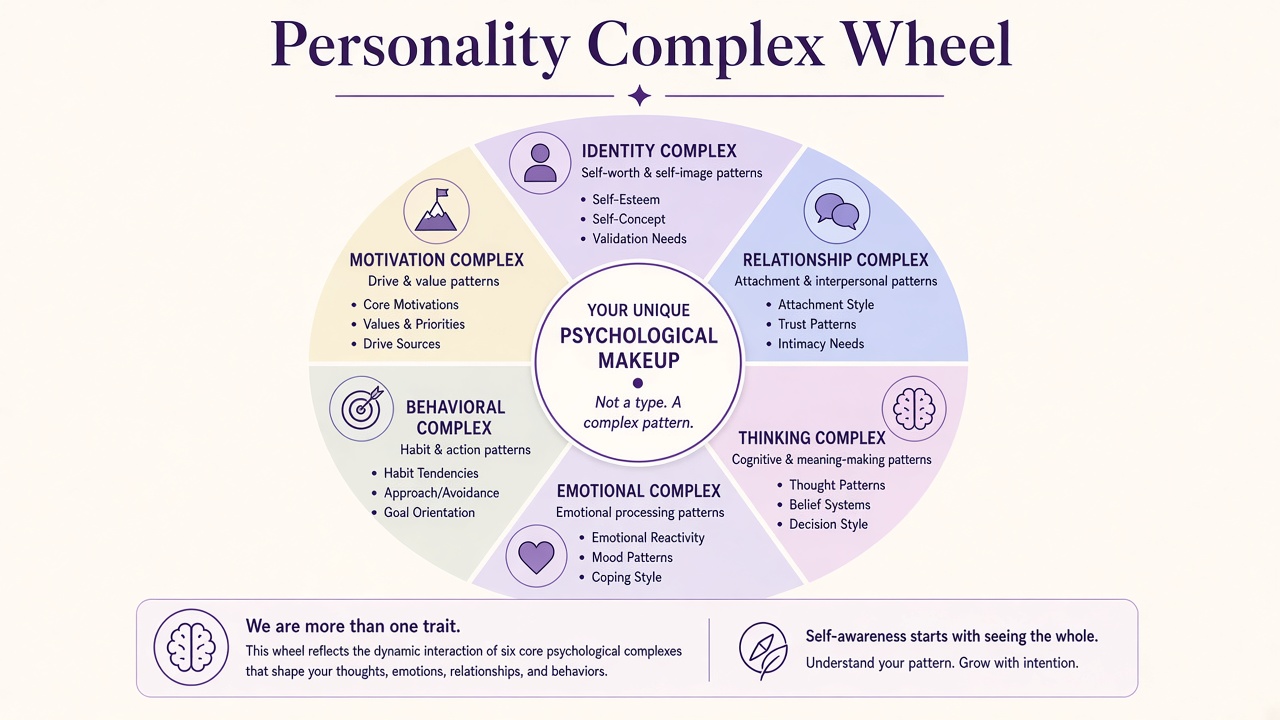 Six personality complex patterns in a purple reflection wheel diagram on The Quiz Hub