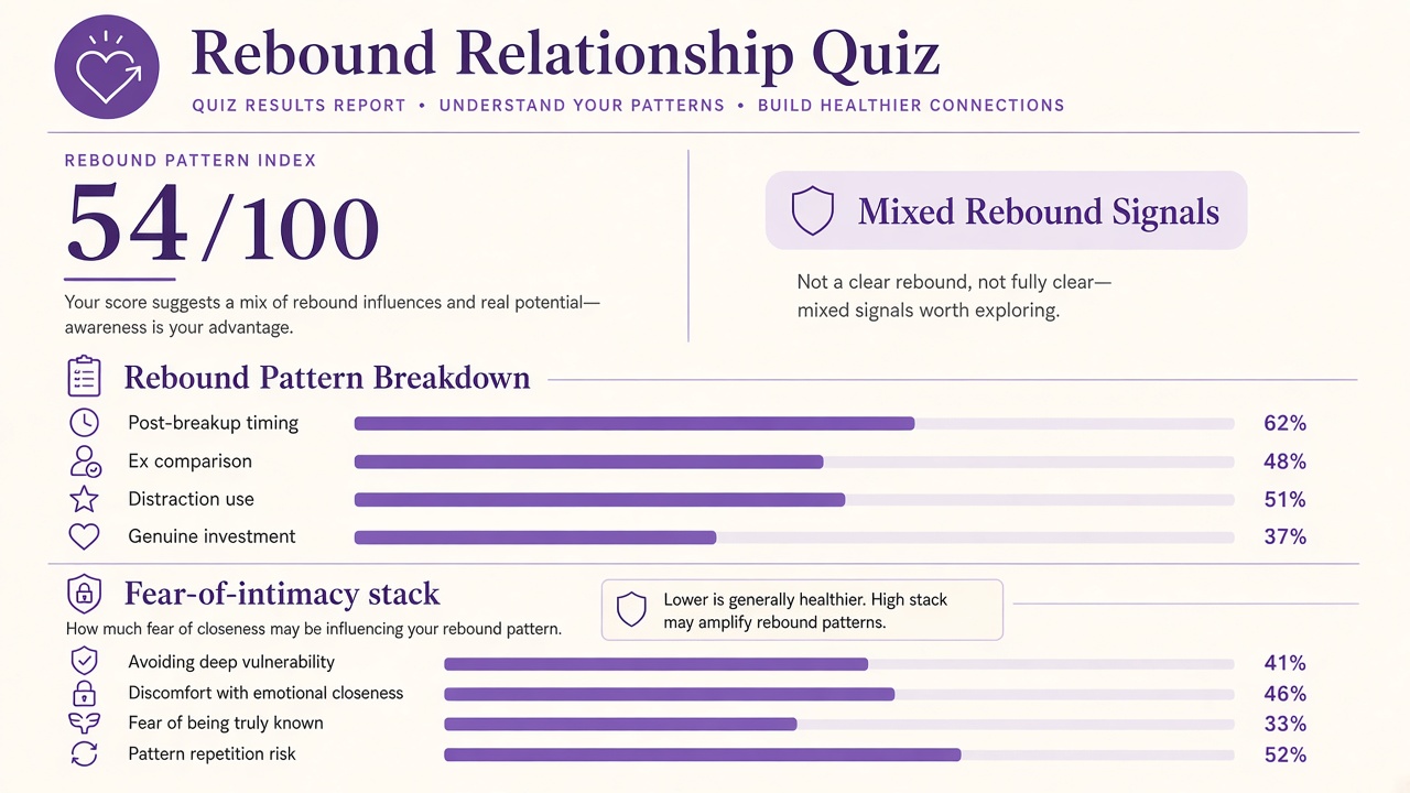 Rebound quiz report with Mixed band, index 54, four domain bars and fear-of-intimacy stack on The Quiz Hub