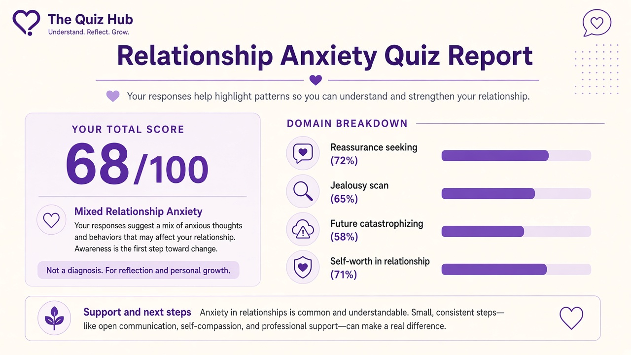 Relationship anxiety quiz report with Mixed Relationship Anxiety band, anxiety index 68, four domain bars on The Quiz Hub