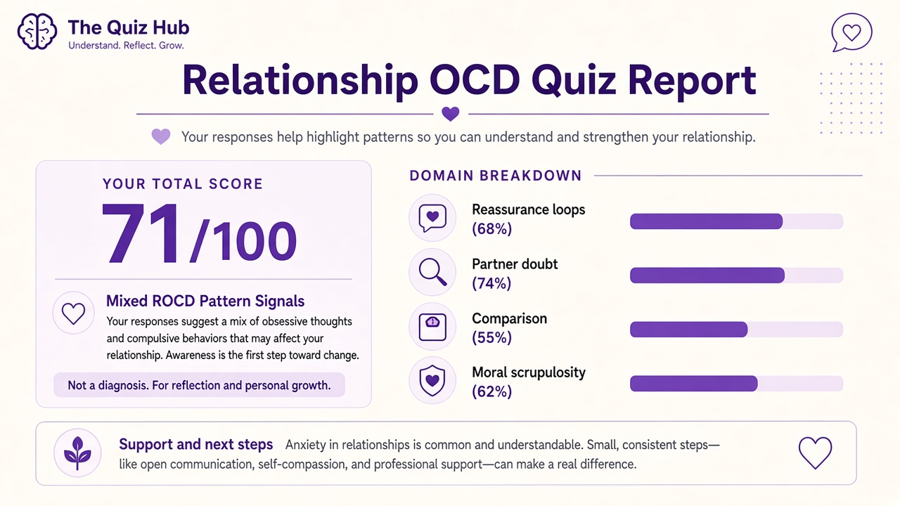 Relationship OCD quiz report with Mixed ROCD Pattern Signals band, ROCD pattern index 71, four domain bars on The Quiz Hub