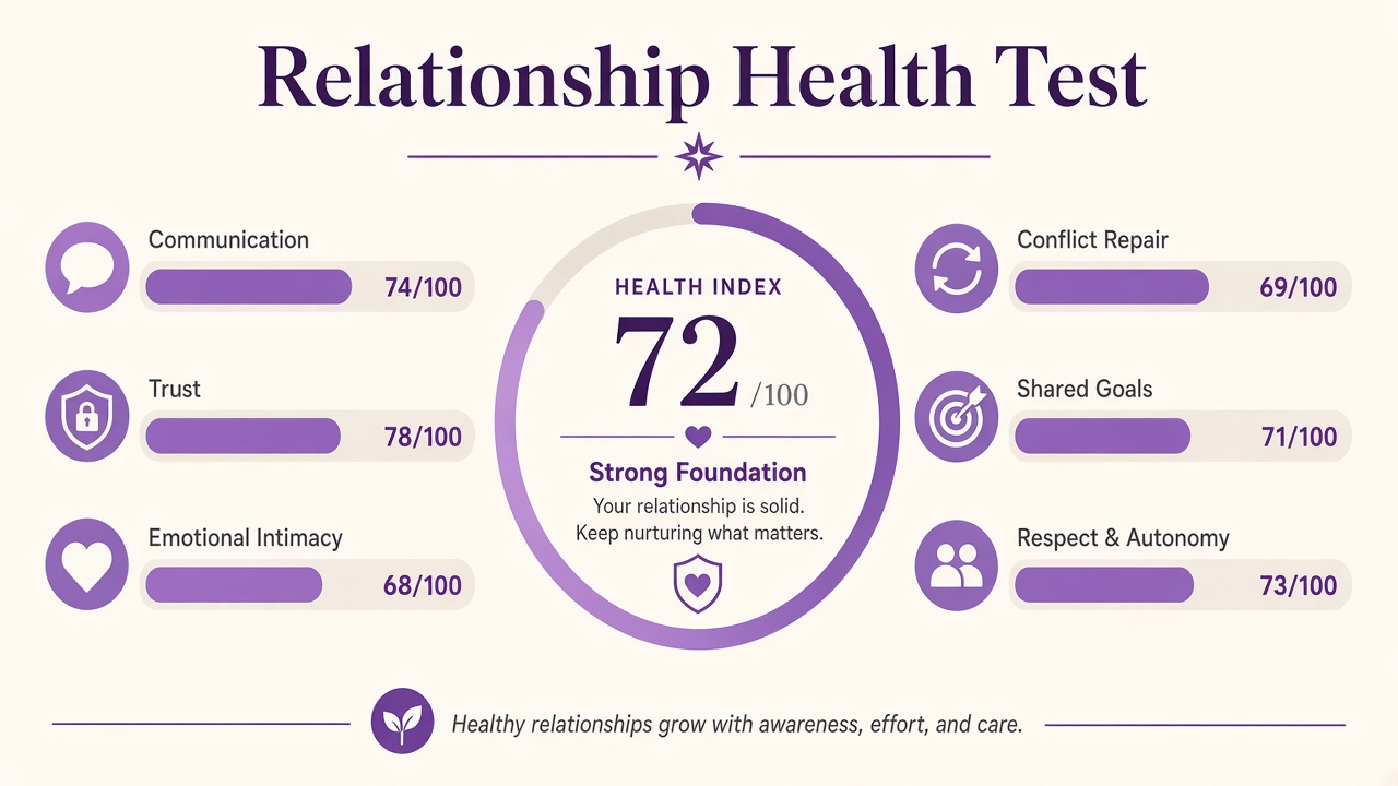 Relationship test diagram with communication, trust, intimacy, repair, goals, and respect domain bars