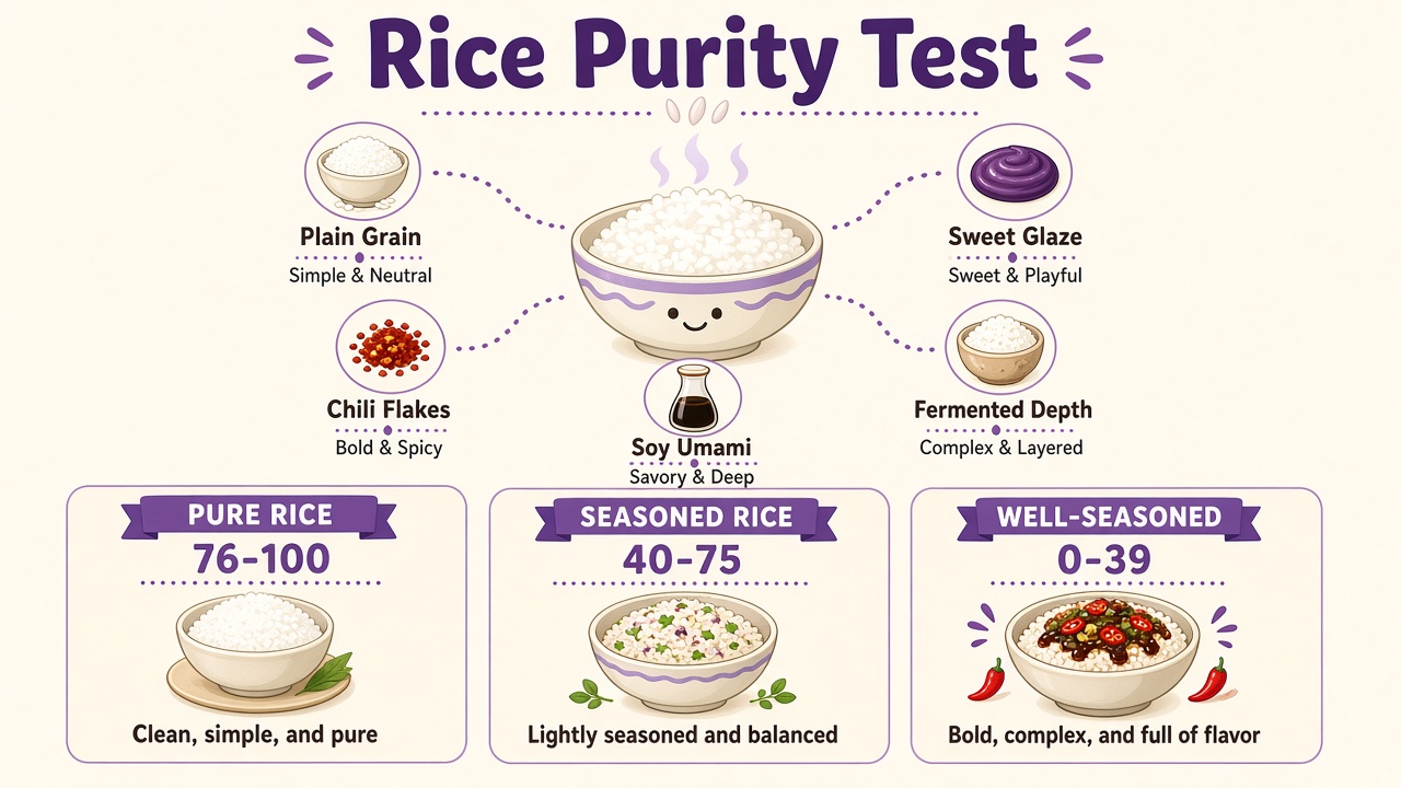 Rice purity test diagram with five food categories and three result bands in purple