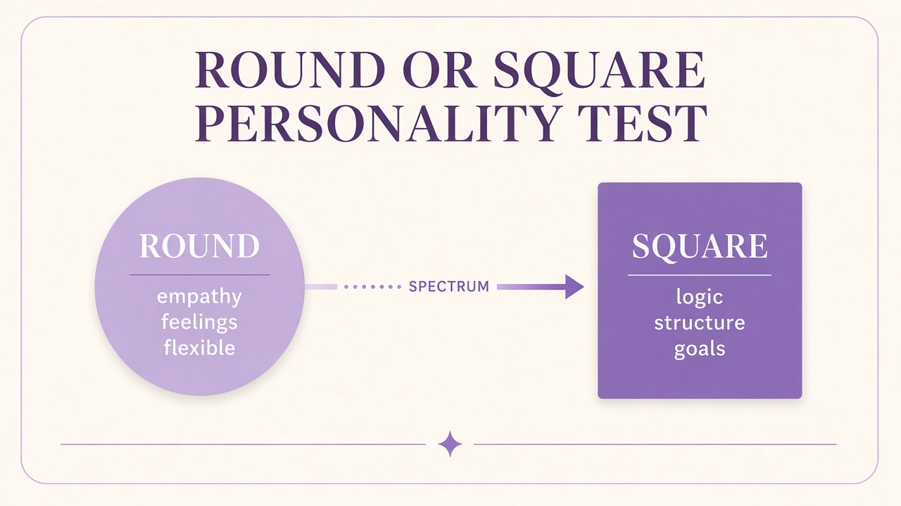 Round or square test hero with purple circle and square shapes and empathy versus logic labels on The Quiz Hub