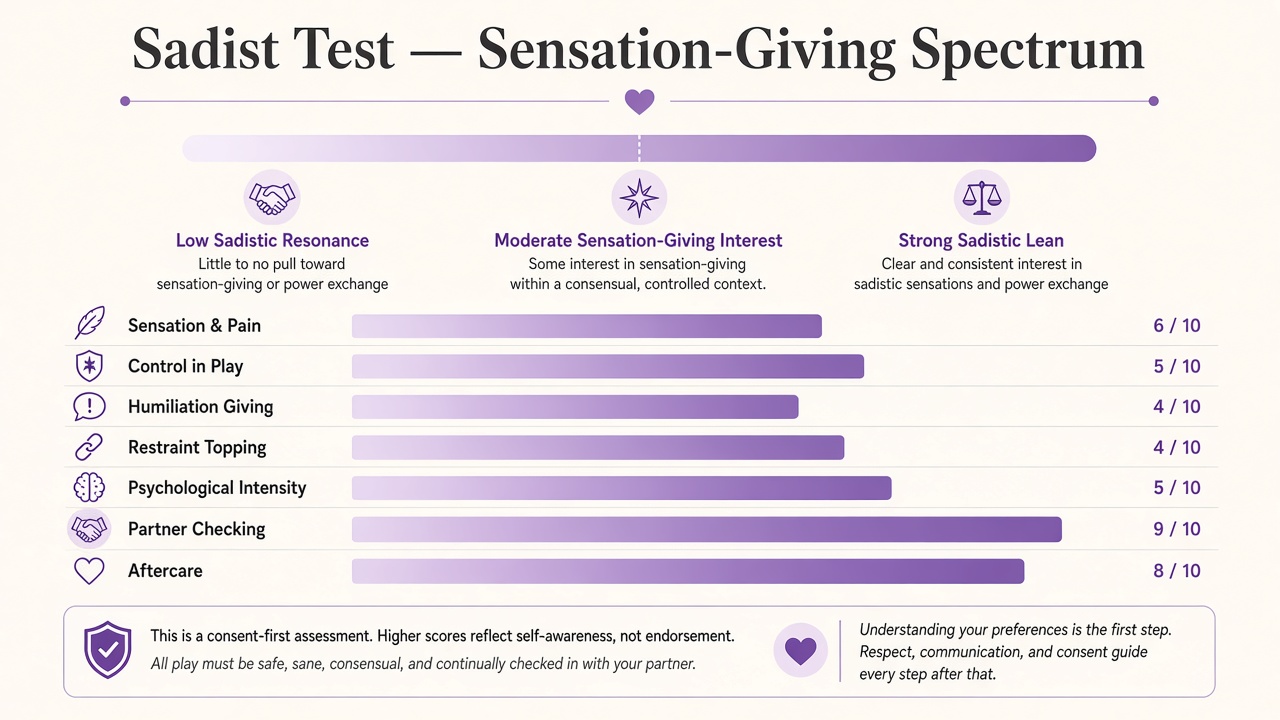 Sadist test diagram with sensation-giving spectrum and seven consent-first domain bars on The Quiz Hub