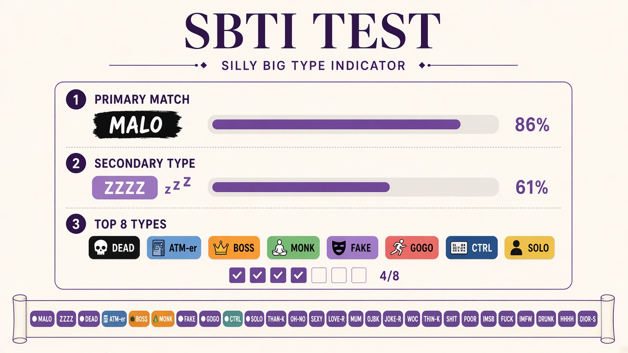 SBTI report sample with primary type MALO, secondary ZZZZ, and top-eight type match badges on The Quiz Hub