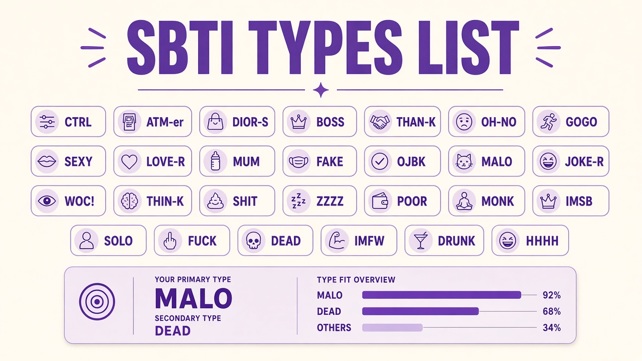 SBTI types list grid of 27 meme type badges with sample MALO primary match report on The Quiz Hub