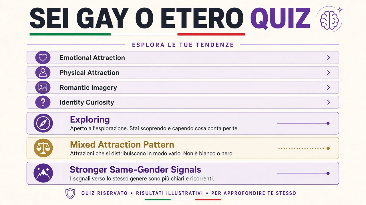 Sei gay o etero quiz report with Mixed Attraction Pattern band, attraction index, and four domain bars