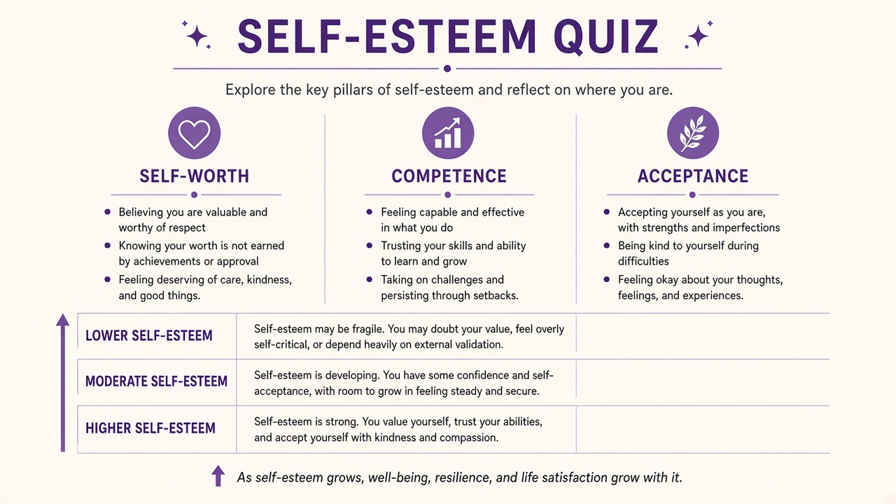 Self-esteem diagram with self-worth, competence, and acceptance domains and three result bands in purple