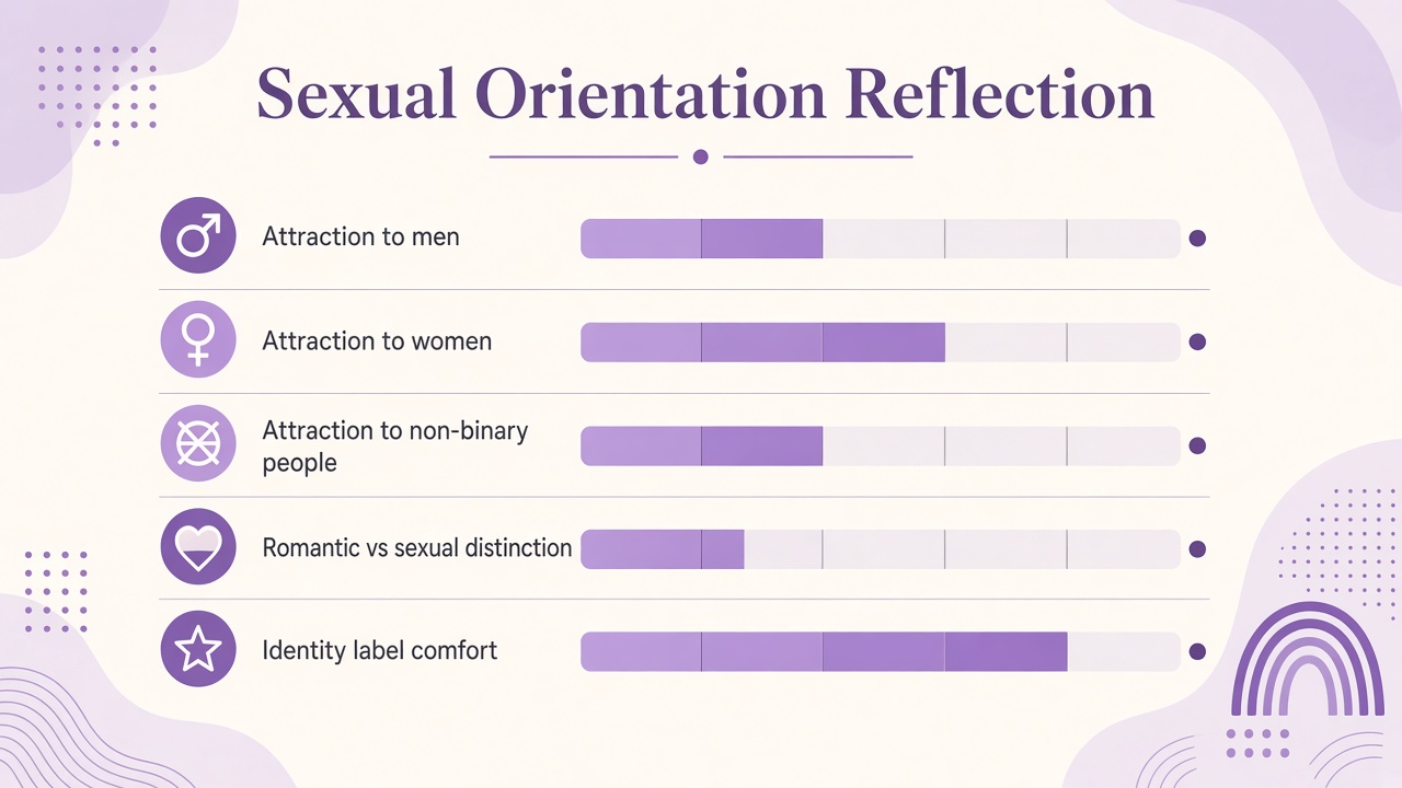 Sexual orientation reflection quiz diagram with five domain bars for attraction, romantic vs sexual split, and labels