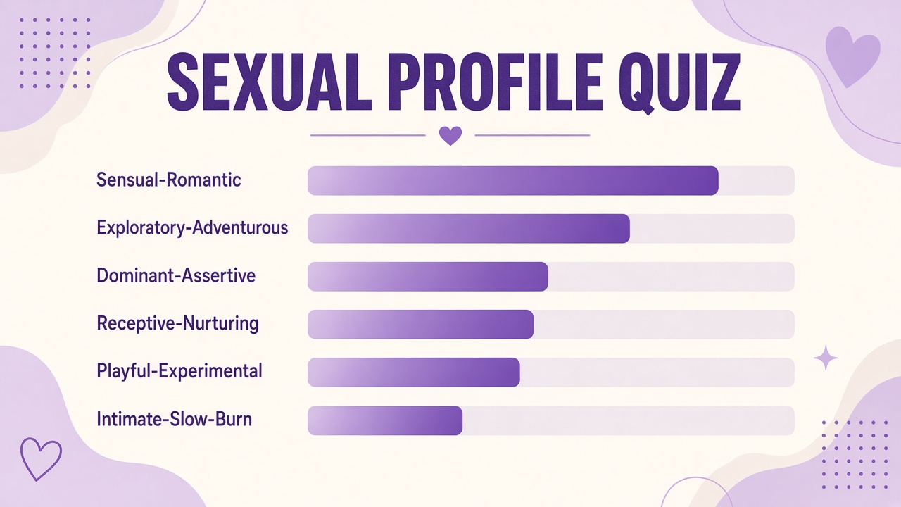 Sexual profile quiz diagram showing six intimate style dimension bars with primary and secondary match labels