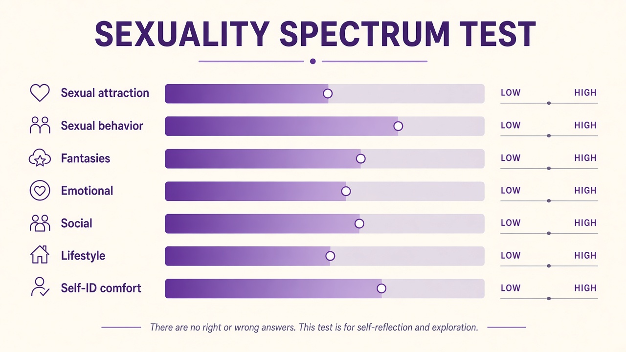 Sexuality spectrum test diagram with seven Klein-inspired axis bars for attraction, behavior, and identity comfort