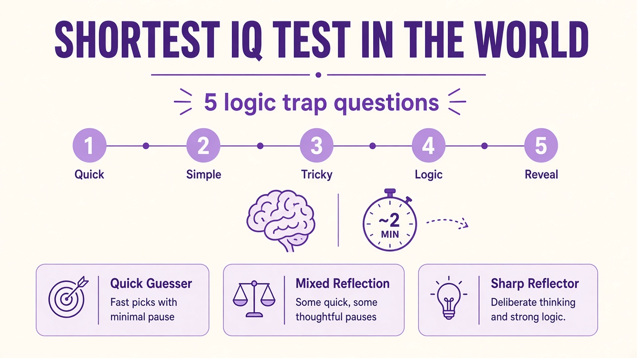 Shortest IQ test in the world diagram with five numbered logic traps and three result bands in purple