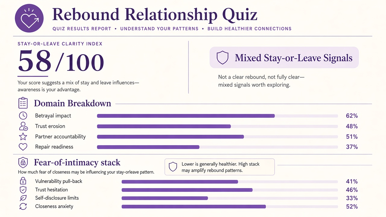 Stay-or-leave quiz report with Mixed band, clarity index 58, four domain bars and fear-of-intimacy stack on The Quiz Hub