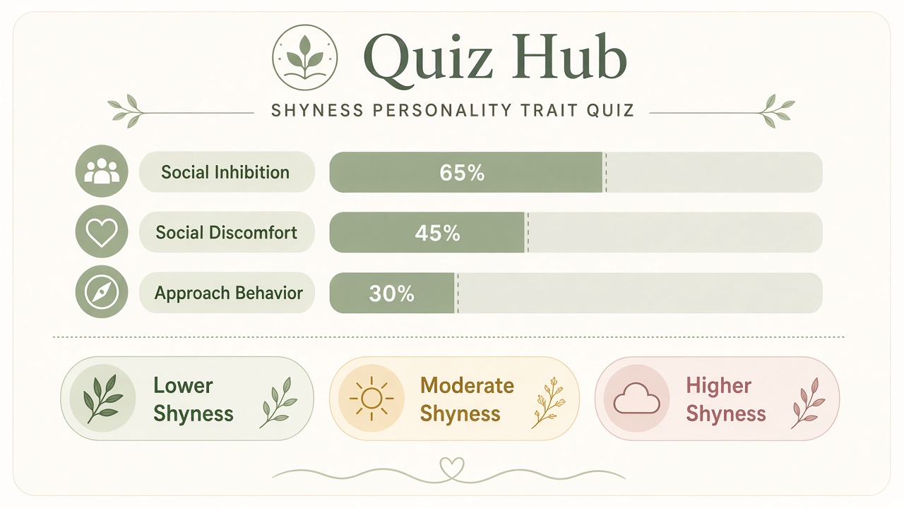 Shyness trait diagram with social inhibition, discomfort, and approach behavior domain bars on The Quiz Hub