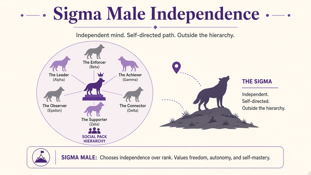 Sigma male lone wolf figure outside a social pack circle diagram showing independence from hierarchy