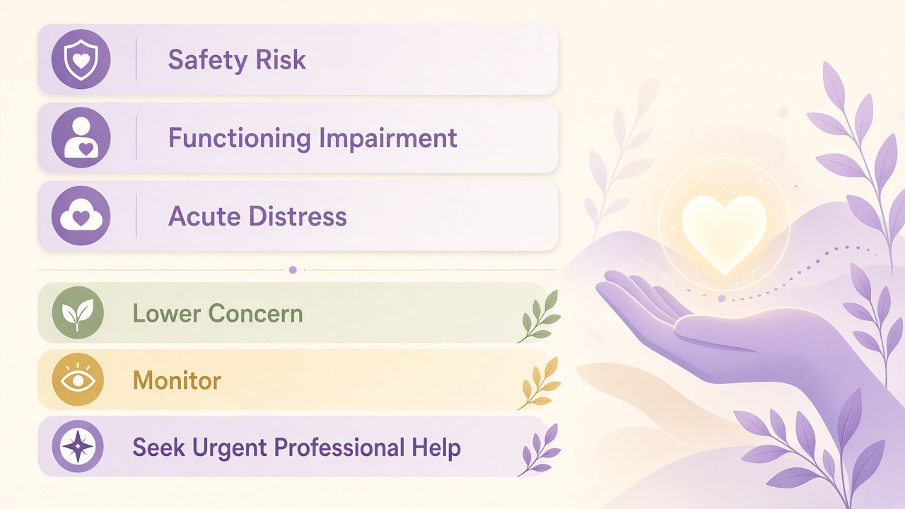 Safety reflection quiz diagram with safety functioning distress domains and three concern bands in cream and purple