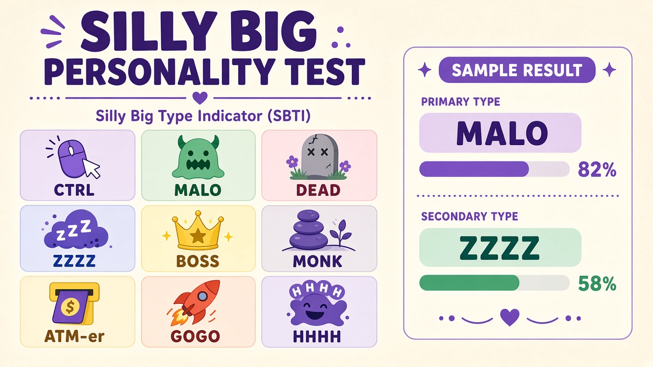 Silly Big Personality Test infographic with SBTI type badges and sample MALO result on The Quiz Hub