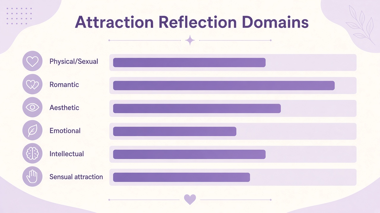 Attraction quiz diagram with domain bars for physical, romantic, aesthetic, emotional, intellectual, and sensual types