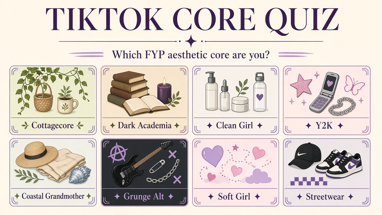 TikTok core quiz sample report with eight aesthetic mini-panels and match percentage bars on The Quiz Hub