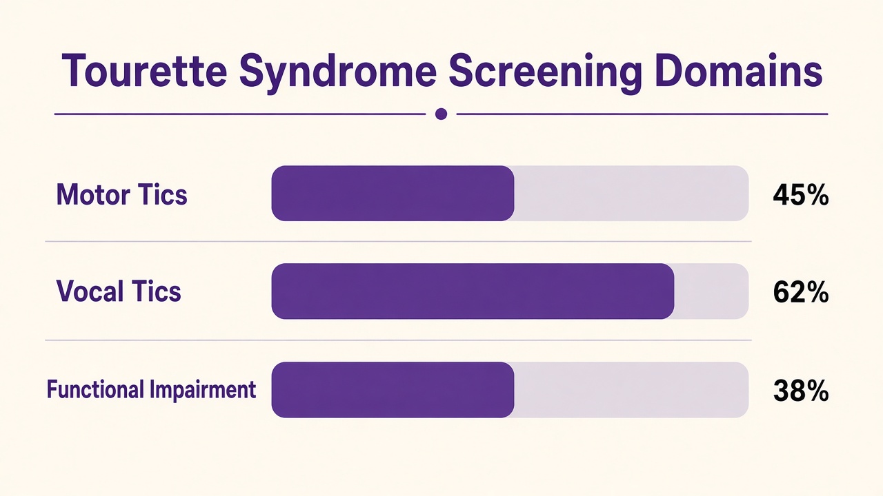 Tourette syndrome screening diagram with motor tics, vocal tics, and impairment domain bars for The Quiz Hub results