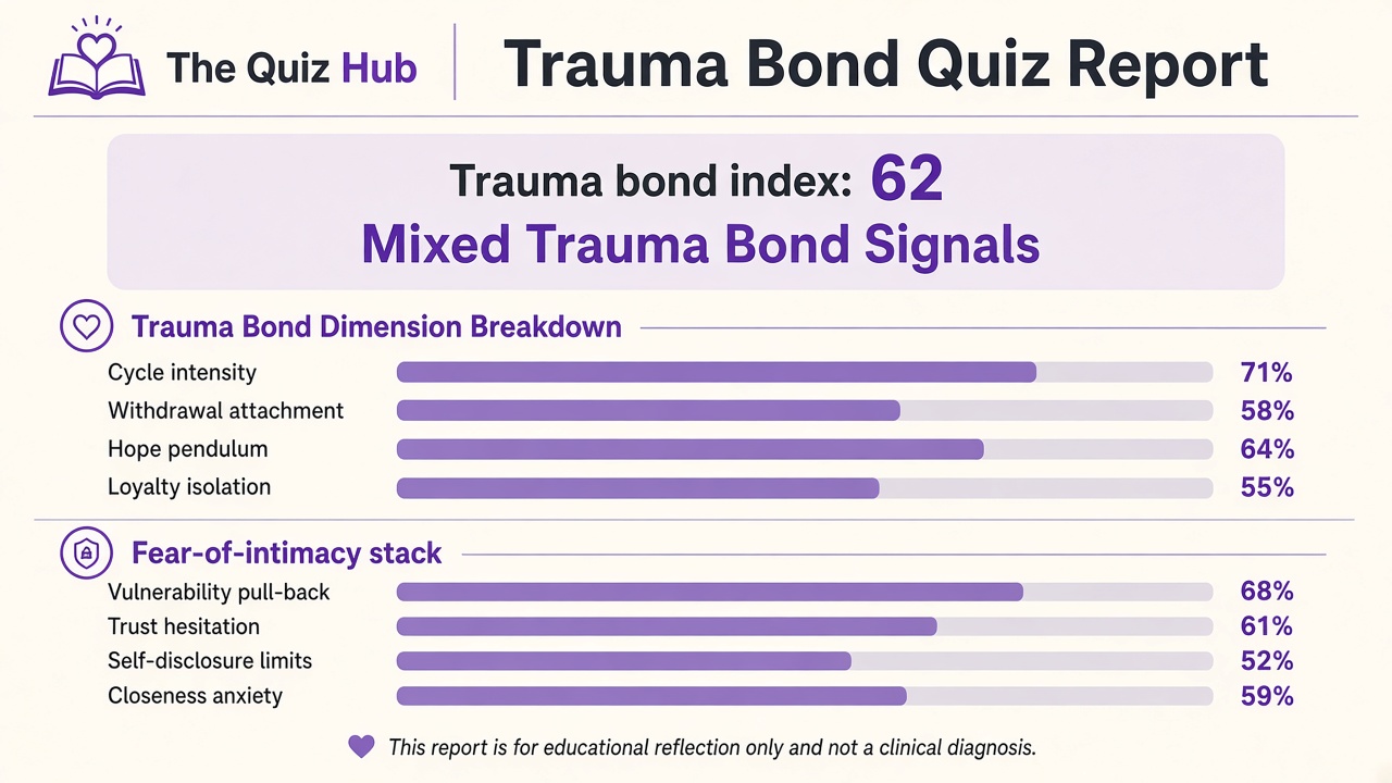 Trauma bond quiz report with Mixed band, trauma bond index 62, four domain bars, and fear-of-intimacy stack on The Quiz Hub