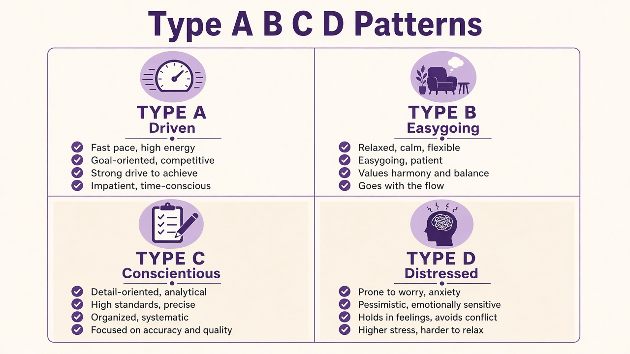 Type A B C D four-quadrant diagram showing Driven, Easygoing, Conscientious, and Distressed personality patterns