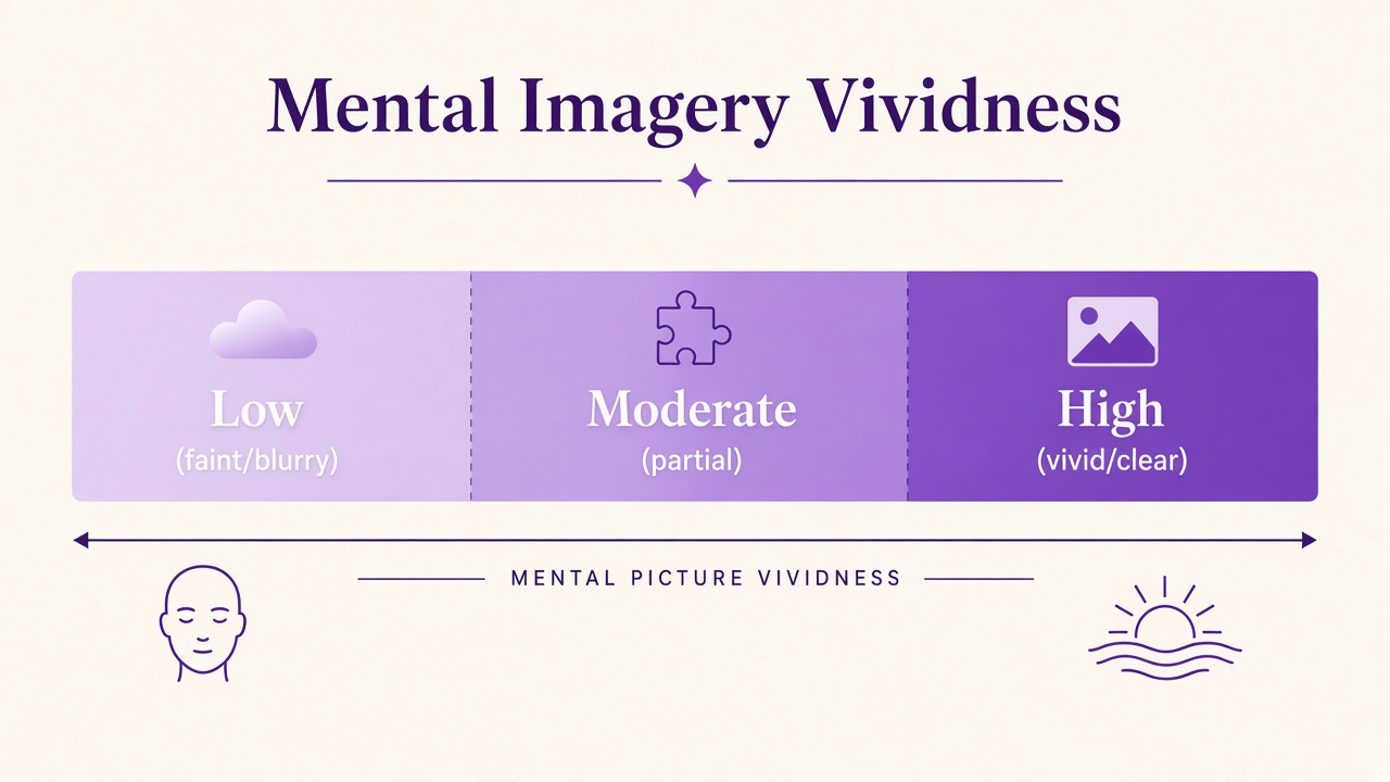 Visual imagery vividness spectrum diagram showing low, moderate, and high mental picture bands with face and sunrise icons