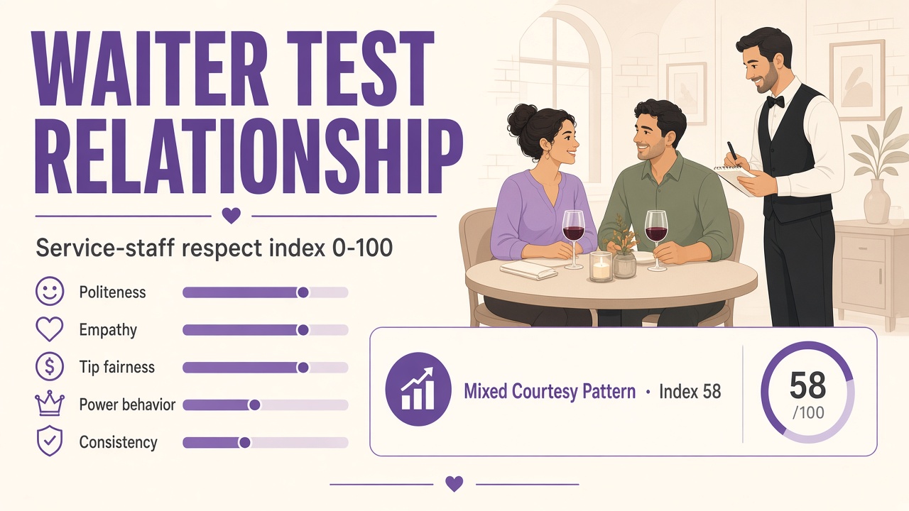 Waiter test relationship report with Mixed Courtesy Pattern band, respect index 58, and five domain bars on The Quiz Hub