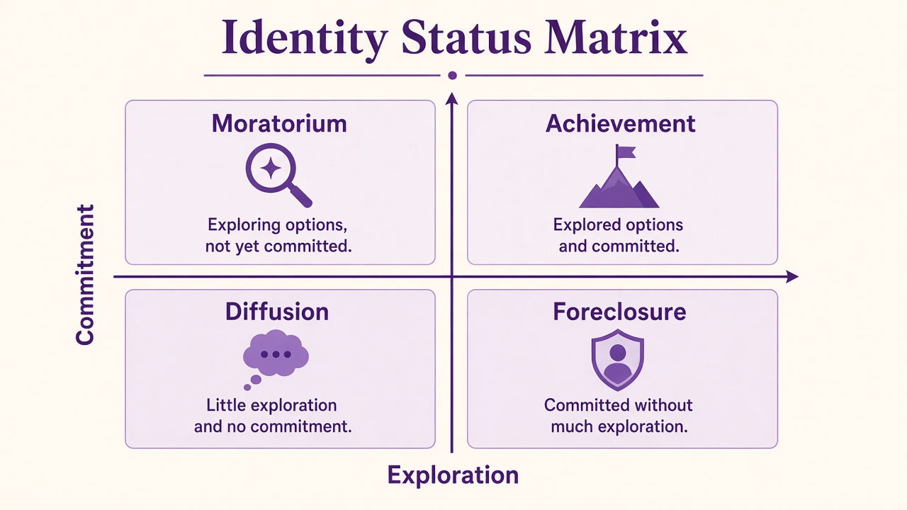 Identity status matrix diagram showing Achievement, Moratorium, Foreclosure, and Diffusion quadrants on The Quiz Hub