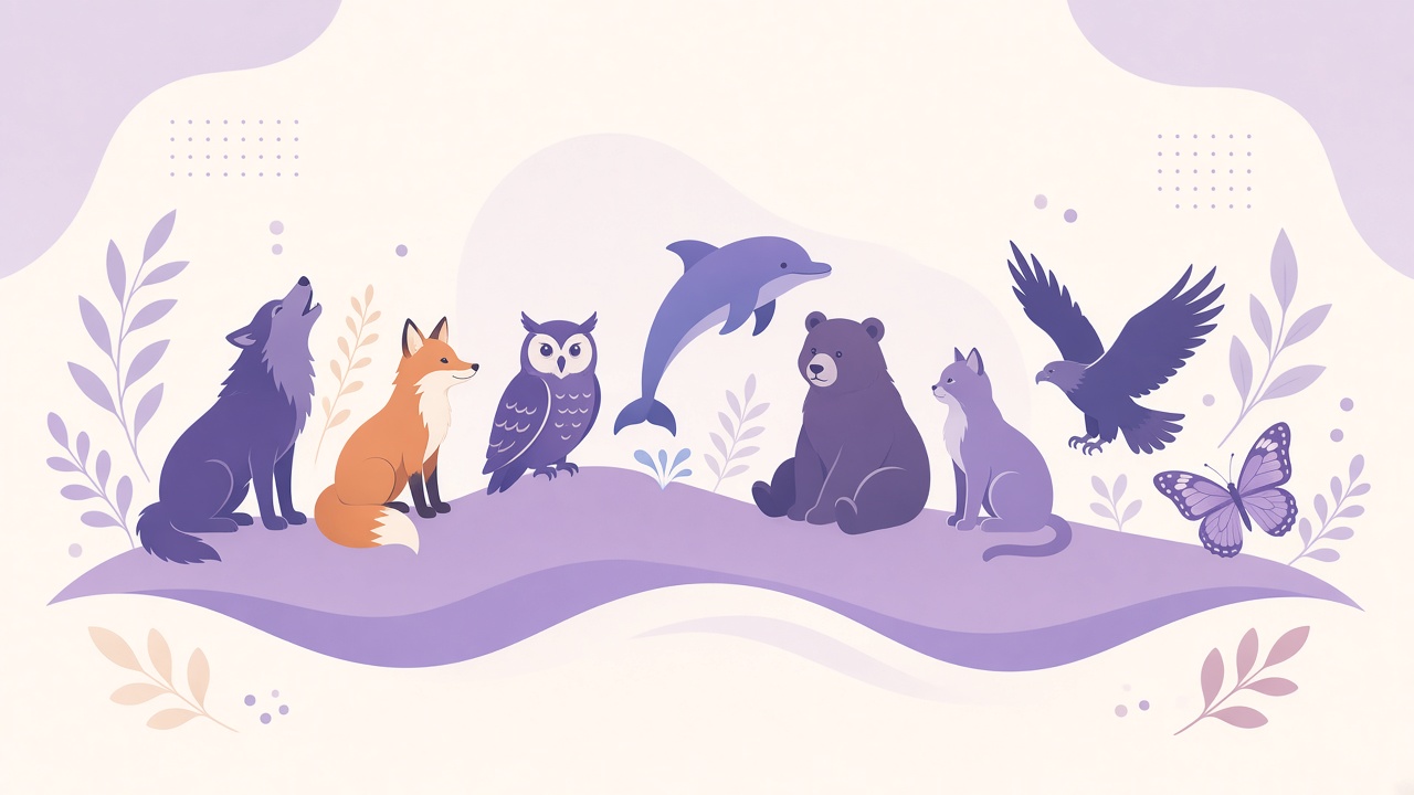 What animal am I quiz diagram with eight animal archetype silhouettes in purple