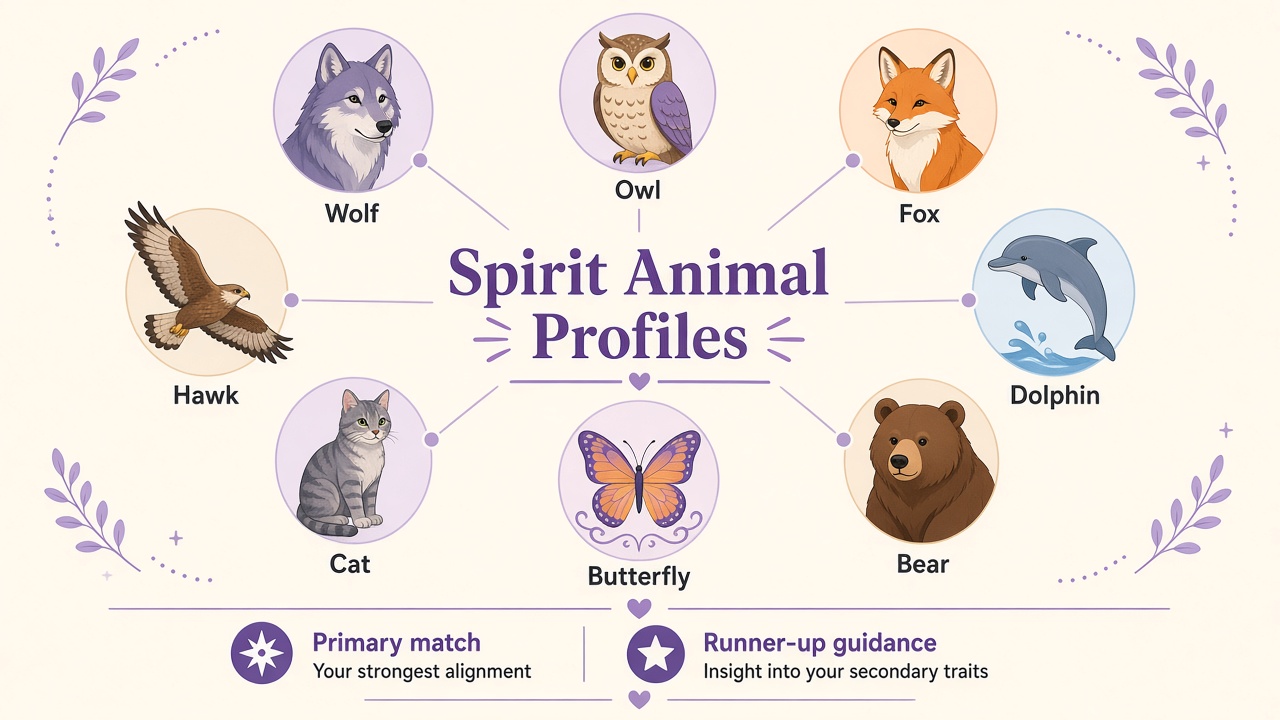 Aura color quiz diagram with eight glowing color orbs in purple infographic style
