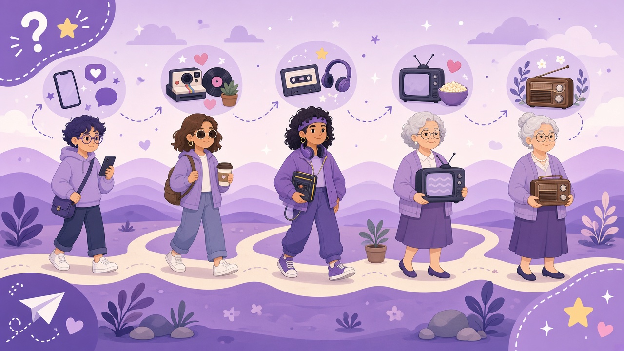 Purple generational timeline illustration for what generation am I quiz