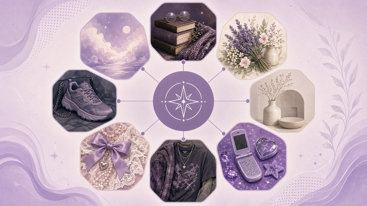 Aesthetic discovery wheel with eight style profiles in purple tones