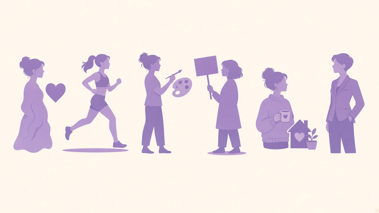 Six lesbian archetype silhouettes in purple for what kind of lesbian am I quiz on The Quiz Hub