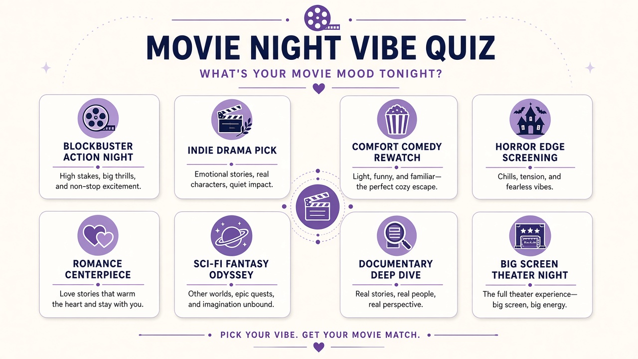 Movie night vibe quiz diagram with blockbuster action, indie drama, comfort comedy, and sci-fi fantasy labels