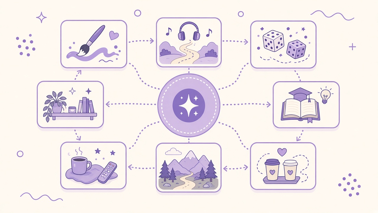 Boredom-buster activity quiz diagram with creative side project, walk and podcast, game night, and outdoor adventure labels