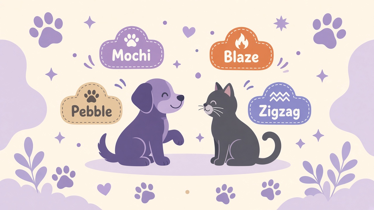Pet naming quiz diagram with classic timeless, foodie flair, quirky whimsy, and mythic naming style labels