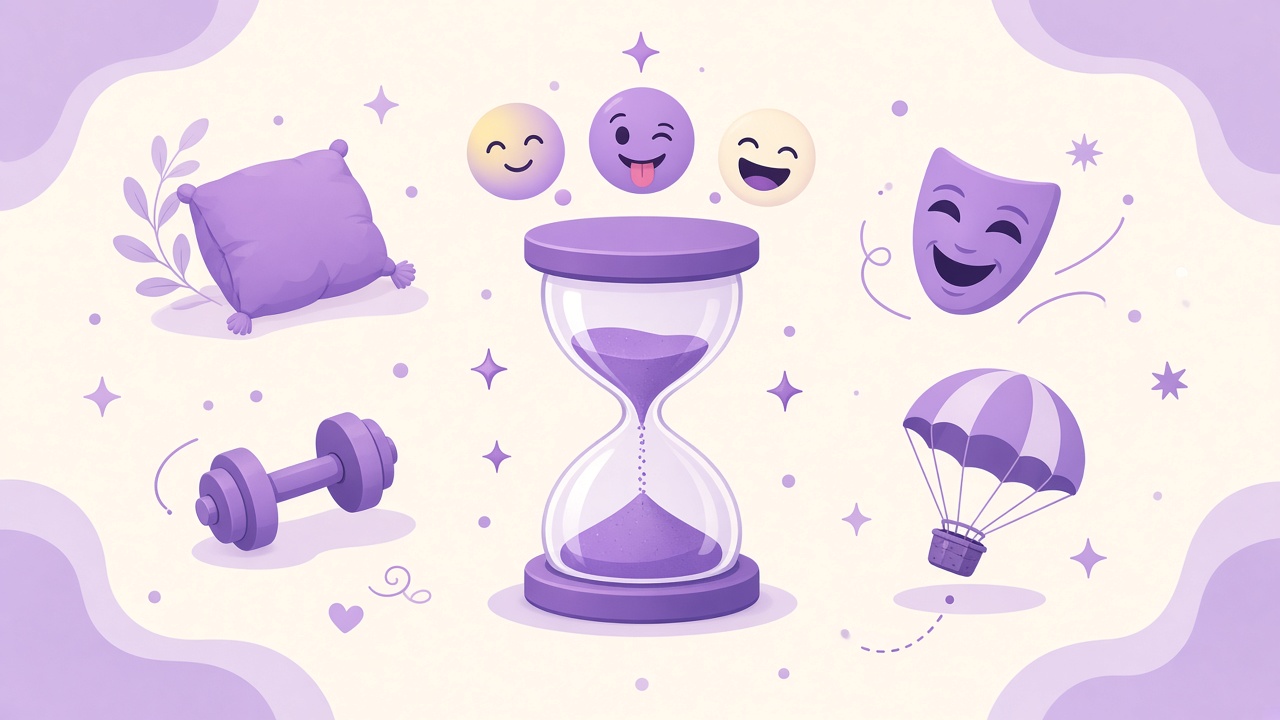 Purple hourglass and lifestyle icons for when will I die quiz timeline vibe bands