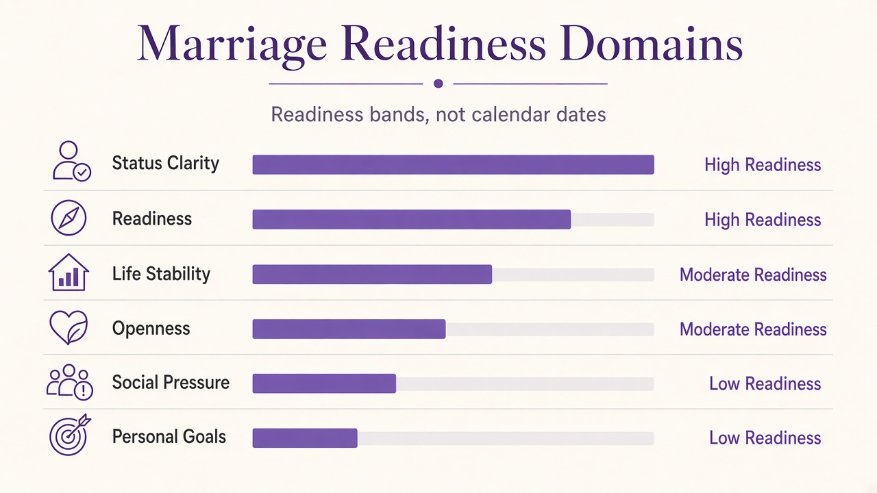 Marriage readiness quiz diagram with six domain bars for status clarity, readiness, stability, openness, pressure, and goals
