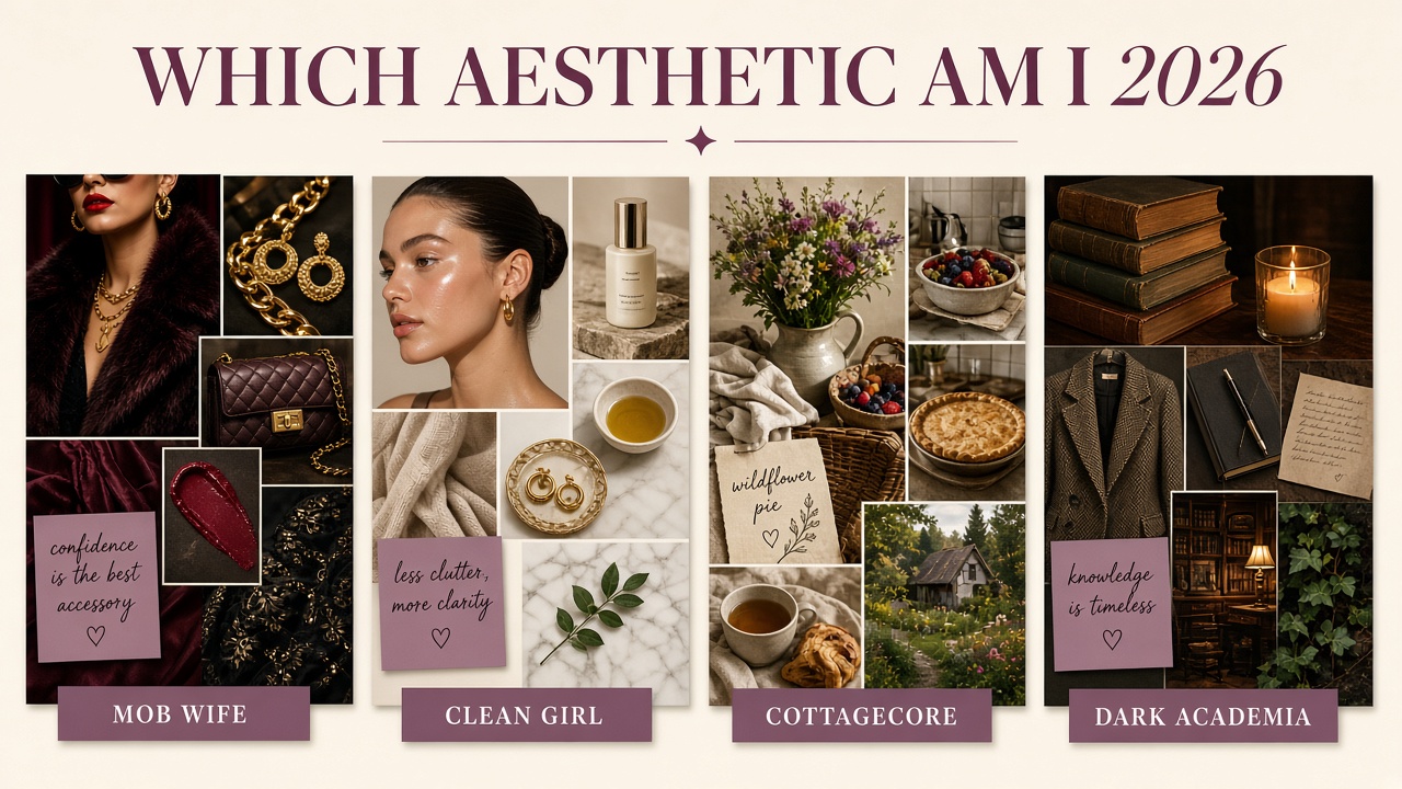 Which aesthetic am I 2026 quiz sample report with eight 2026 trend mood boards and match percentage bars on The Quiz Hub
